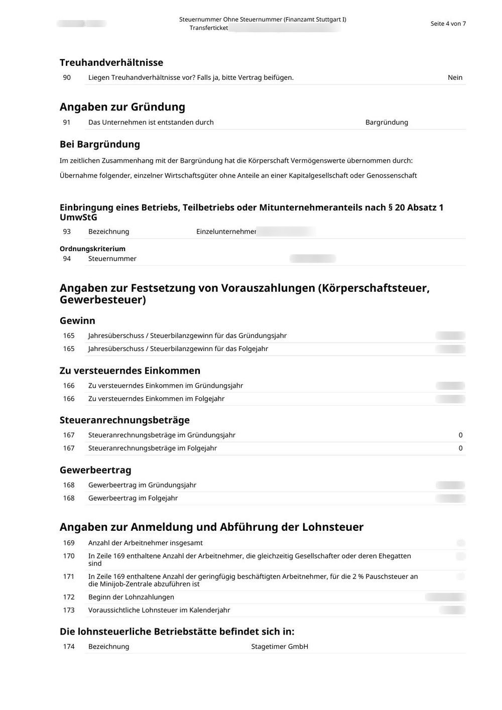 Seite 4 des FsE: Art der Gründung, die Einbringung nach §20 UmwStG, die Schätzungen für die Vorauszahlungen und der Block zur Lohnsteuer (alle Zahlen unkenntlich)
