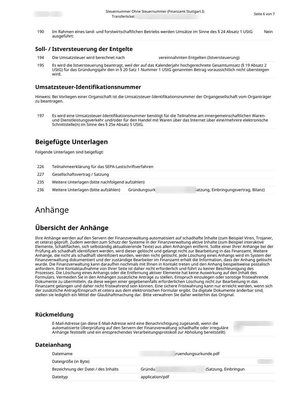 Seite 6 des FsE: Istversteuerung beantragt, USt-IdNr. beantragt, Anlagen (Angaben zu den Anlagen und E-Mail unkenntlich)