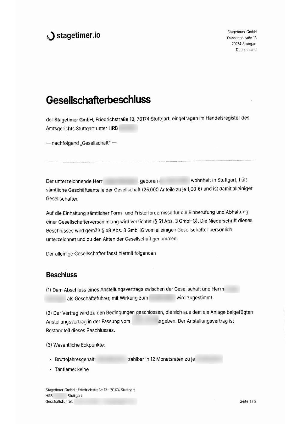 Shareholder resolution approving the managing director's employment contract, with key terms: salary, company car, health insurance subsidy, vacation, notice period