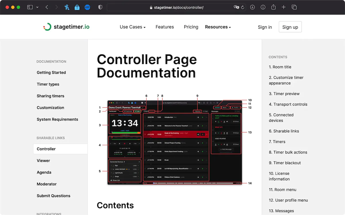 Screenshot of Stagetimer's documentation page