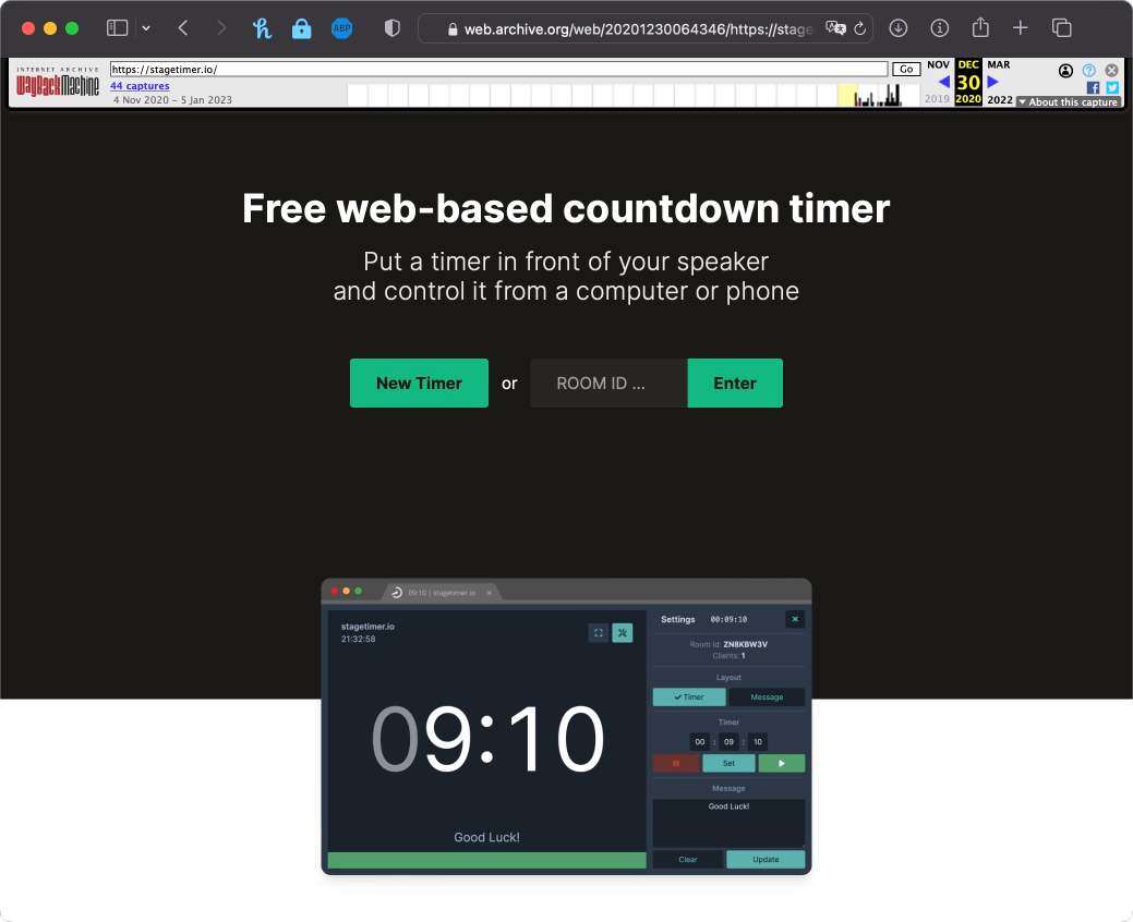 The first version of Stagetimer's landing page from the web archive